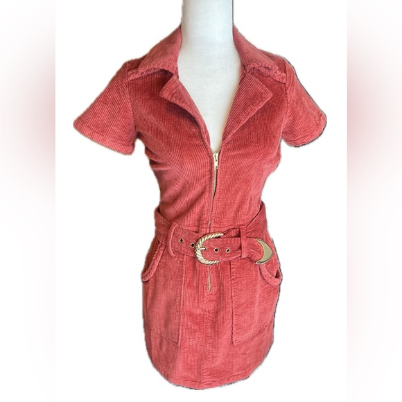 Show Me Your MuMu Outlaw Dress Rose Red Corduroy Gold Buckle Mini Dress XS - Picture 4 of 13